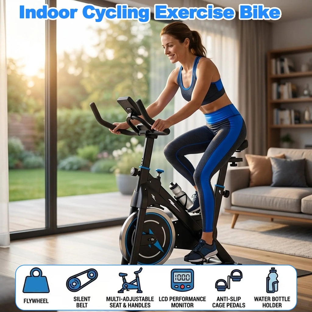 Indoor spinning bike with workout monitor