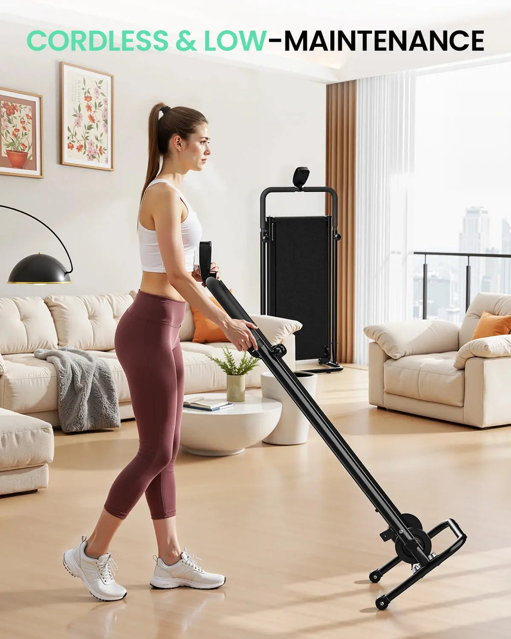 Foldable manual treadmill with fixed incline and LCD display