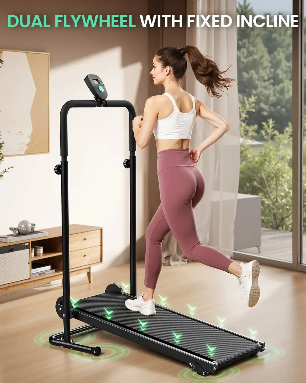 Foldable manual treadmill with fixed incline and LCD display