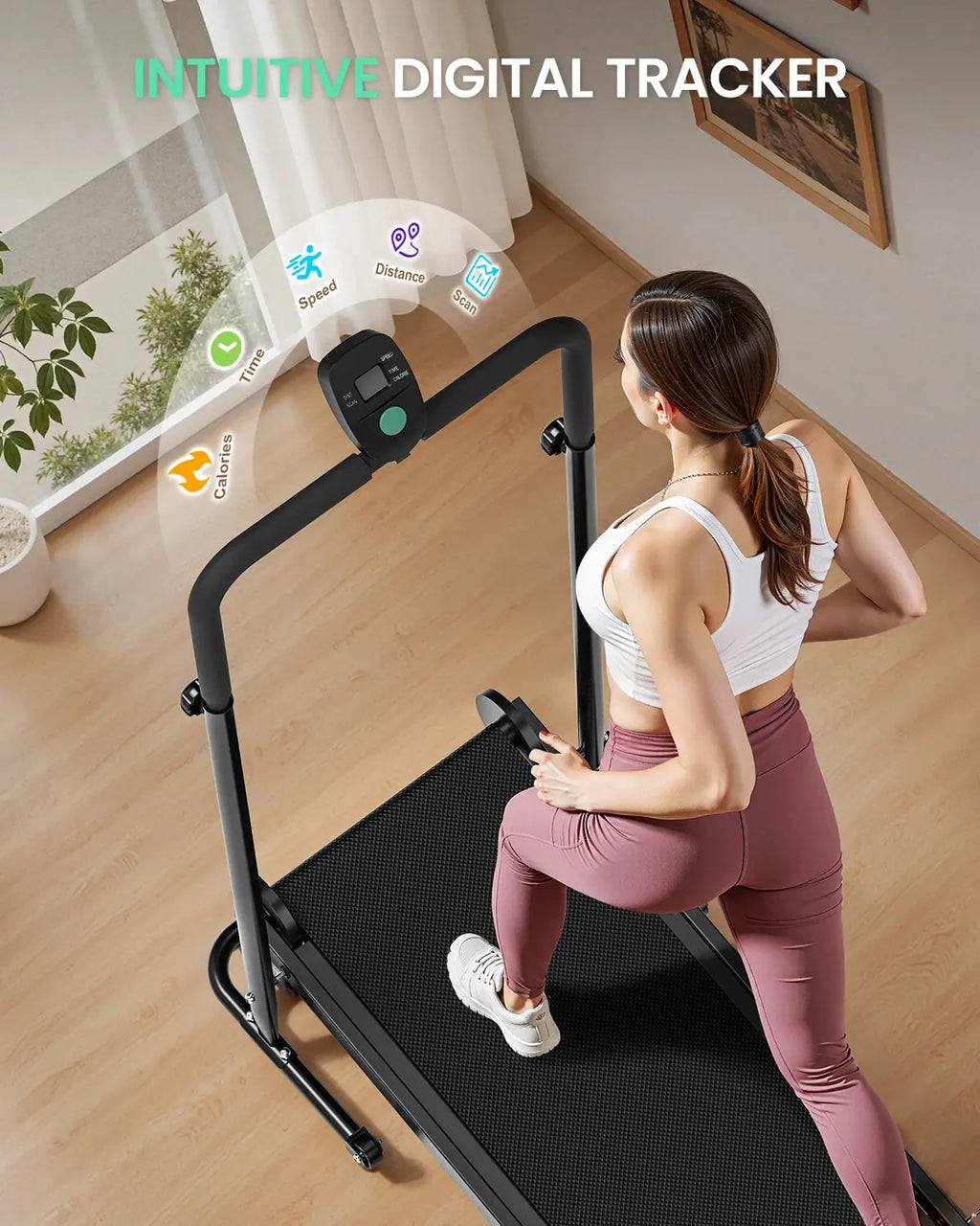 Foldable manual treadmill with fixed incline and LCD display