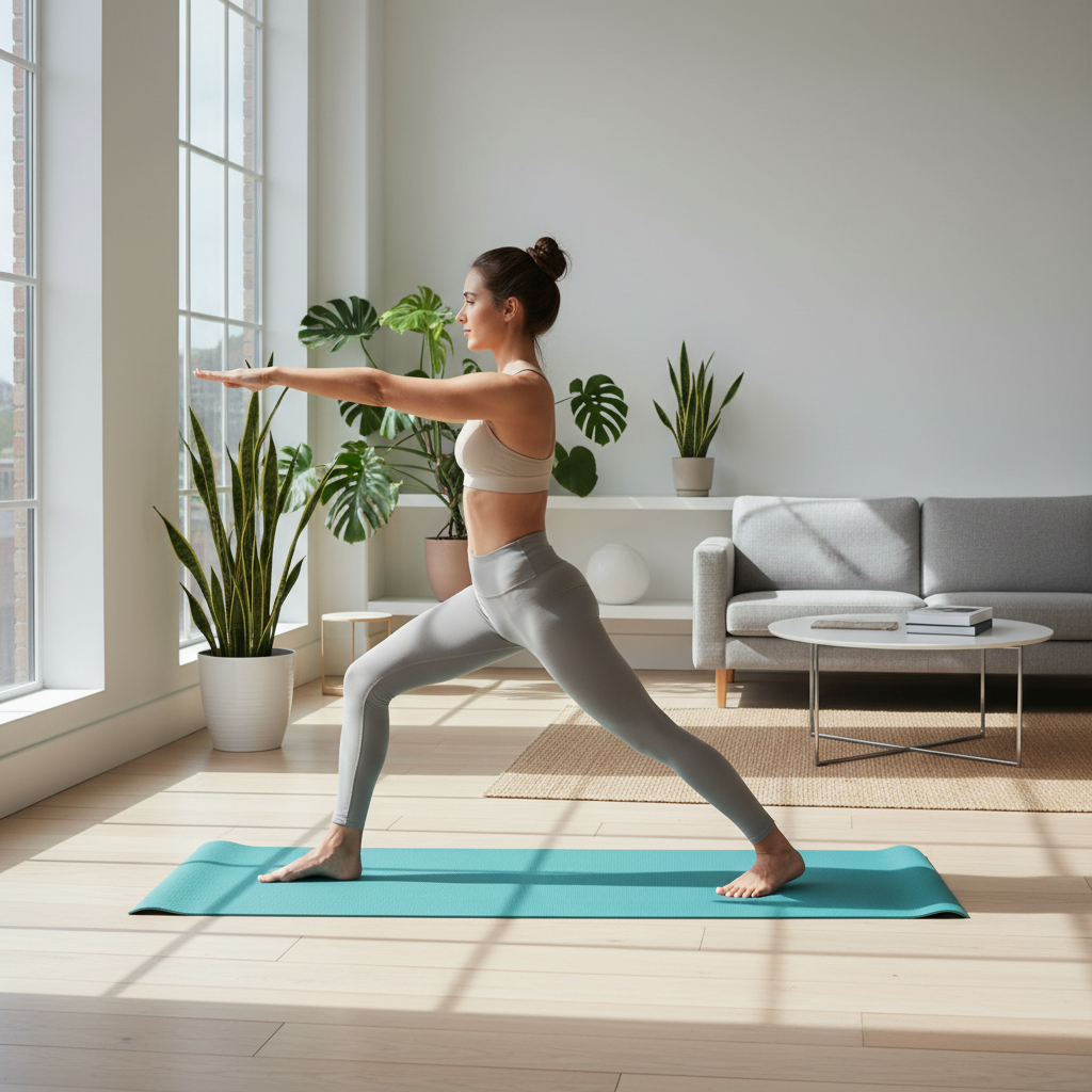 Mujer haciendo yoga en esterilla TPE antideslizante en sala de estar