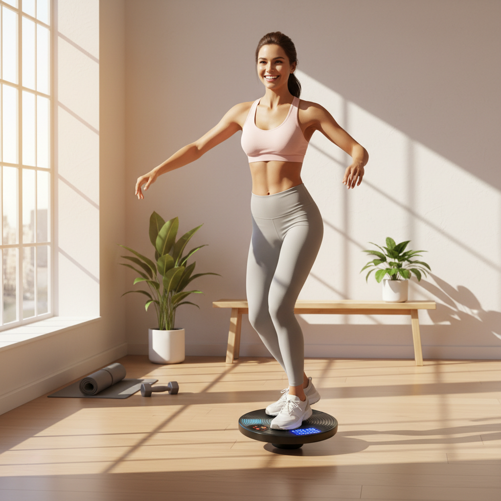 Mujer usando disco giratorio en home gym moderno