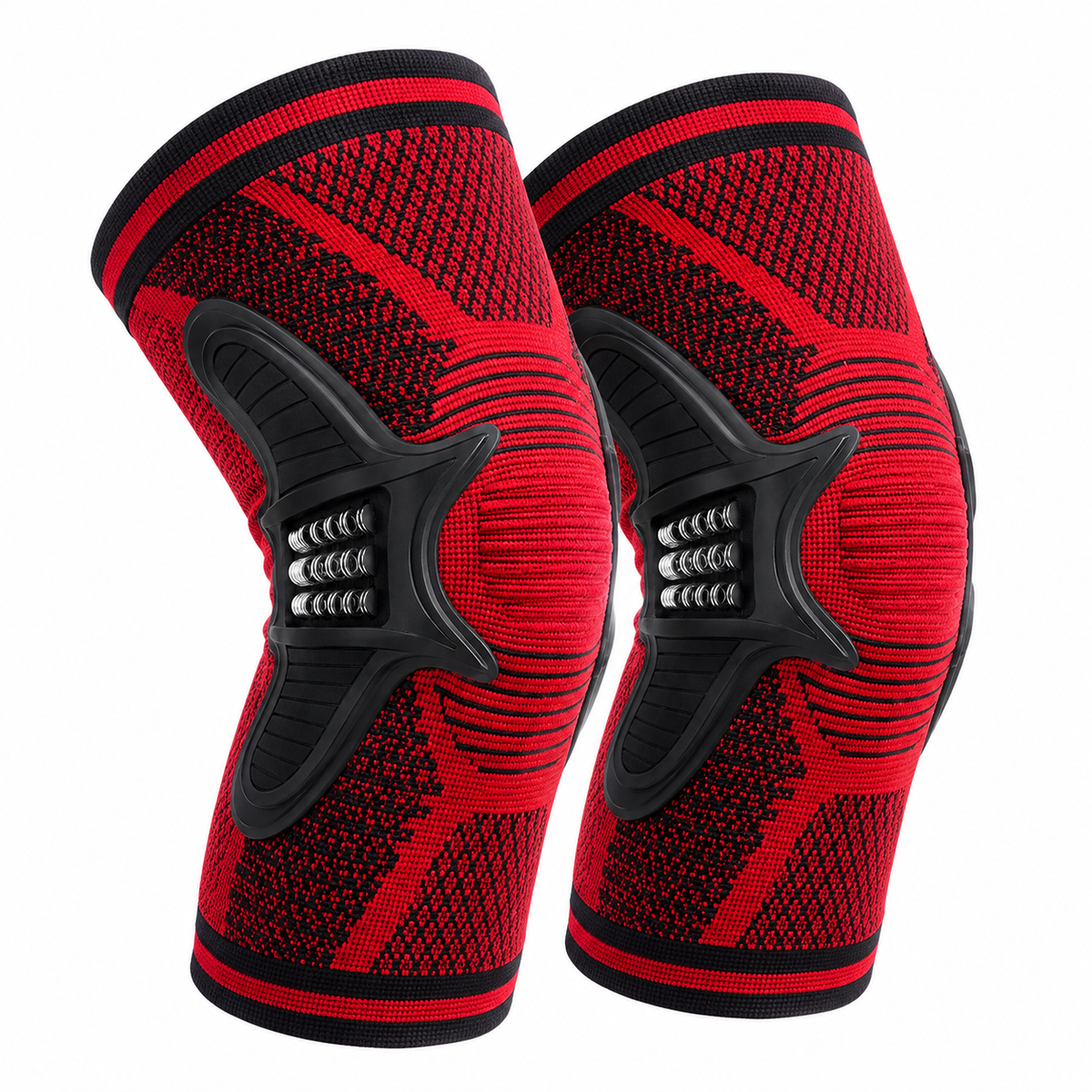Red sports knee sleeves with silicone spring support for training and running